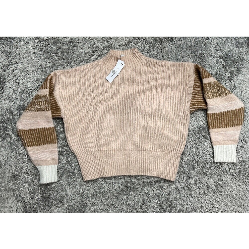 Topshop Women’s Knit Crewneck Sweater Drop Shoulder Stripe Pink Tan Size M 8-10